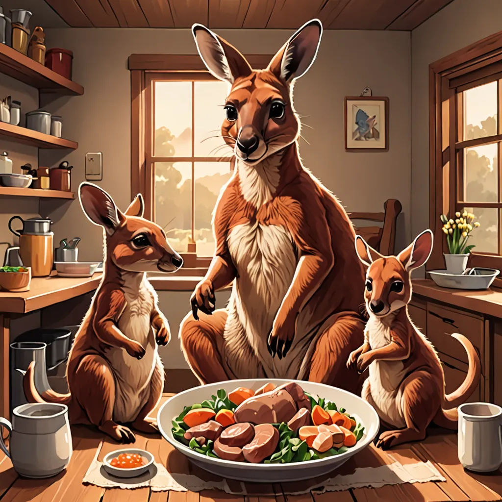 a painting of a kangaroo and two kangaroos eating a meal together in a kitchen with a window and a table with a plate of food, american realism, a storybook illustration, Chris LaBrooy, trending on furaffinity