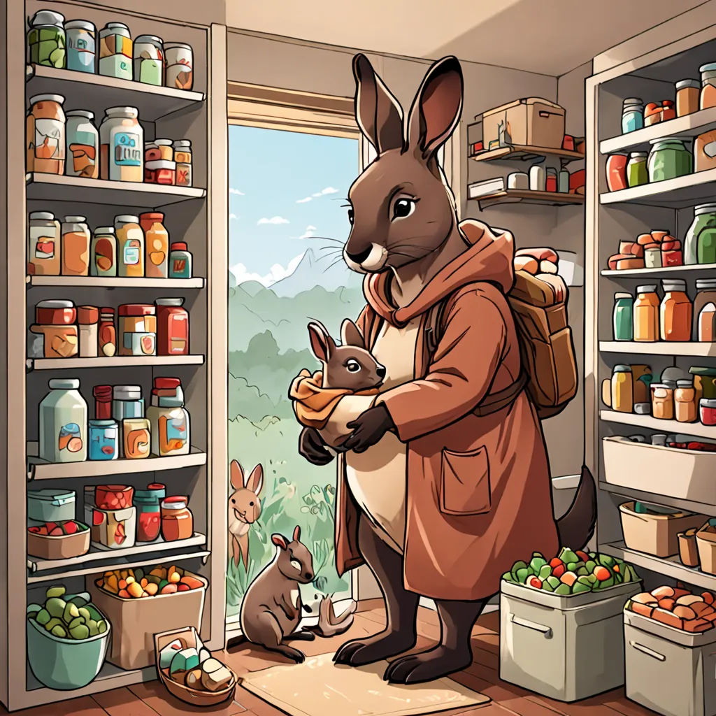 a cartoon of a man holding a rabbit in a pantry with a kangaroo in front of him and a kangaroo in the background, furry art, a storybook illustration, Anson Maddocks, furaffinity