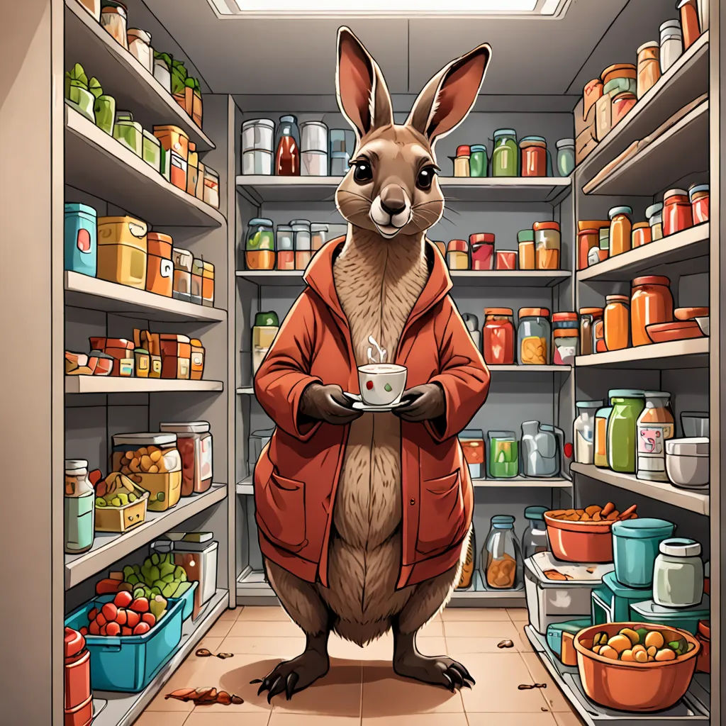 a cartoon kangaroo in a red jacket holding a cup in a refrigerator filled with food and drinks, with shelves full of food and containers, furry art, a character portrait, Chris LaBrooy, furaffinity