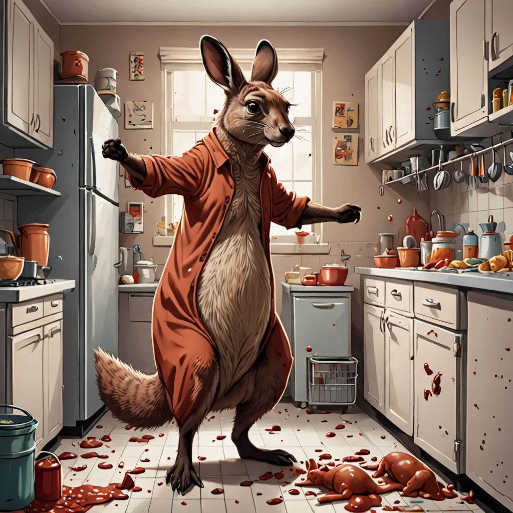 a cartoon of a kangaroo in a kitchen with blood on the floor and walls and a person in a red coat, furry art, a storybook illustration, Chris LaBrooy, furaffinity