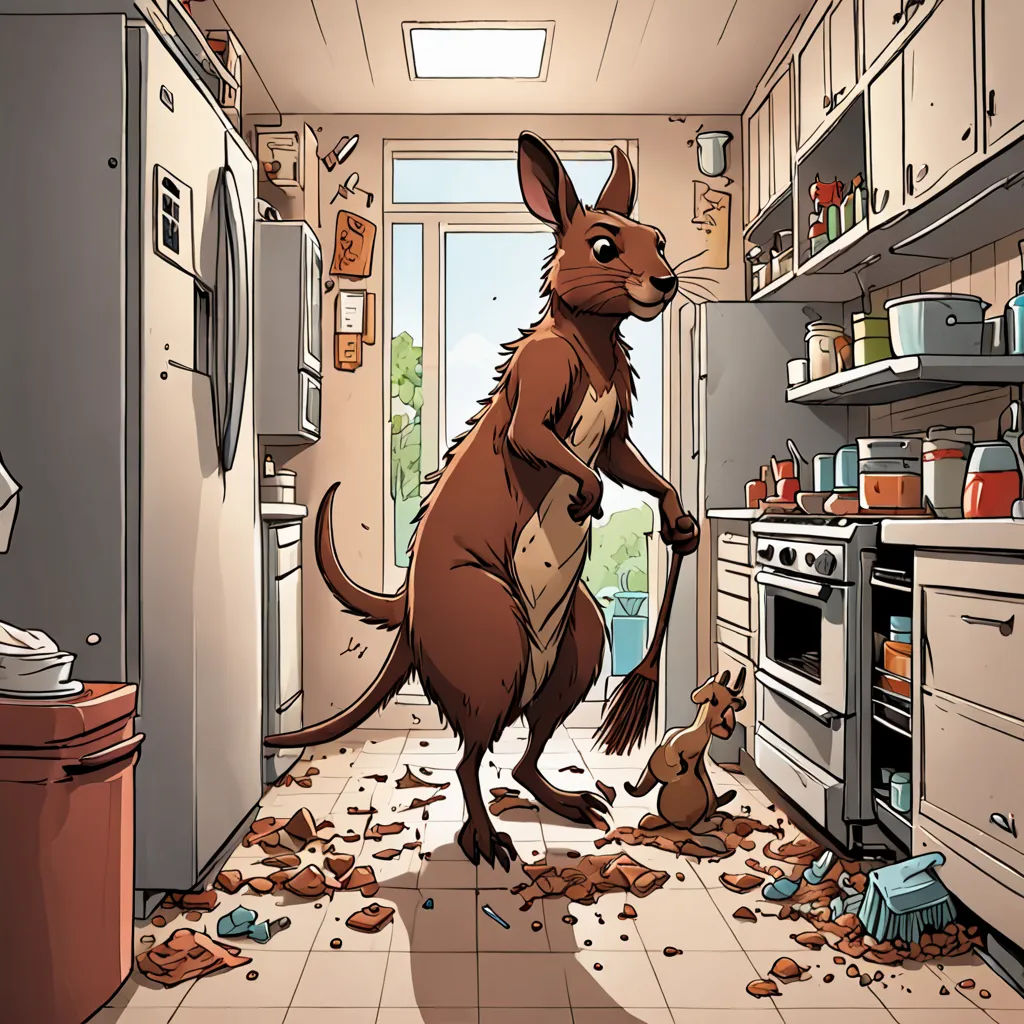 a cartoon kangaroo standing on its hind legs in a kitchen full of debris and debris everywhere on the floor, furry art, a comic book panel, Chris LaBrooy, comic cover art