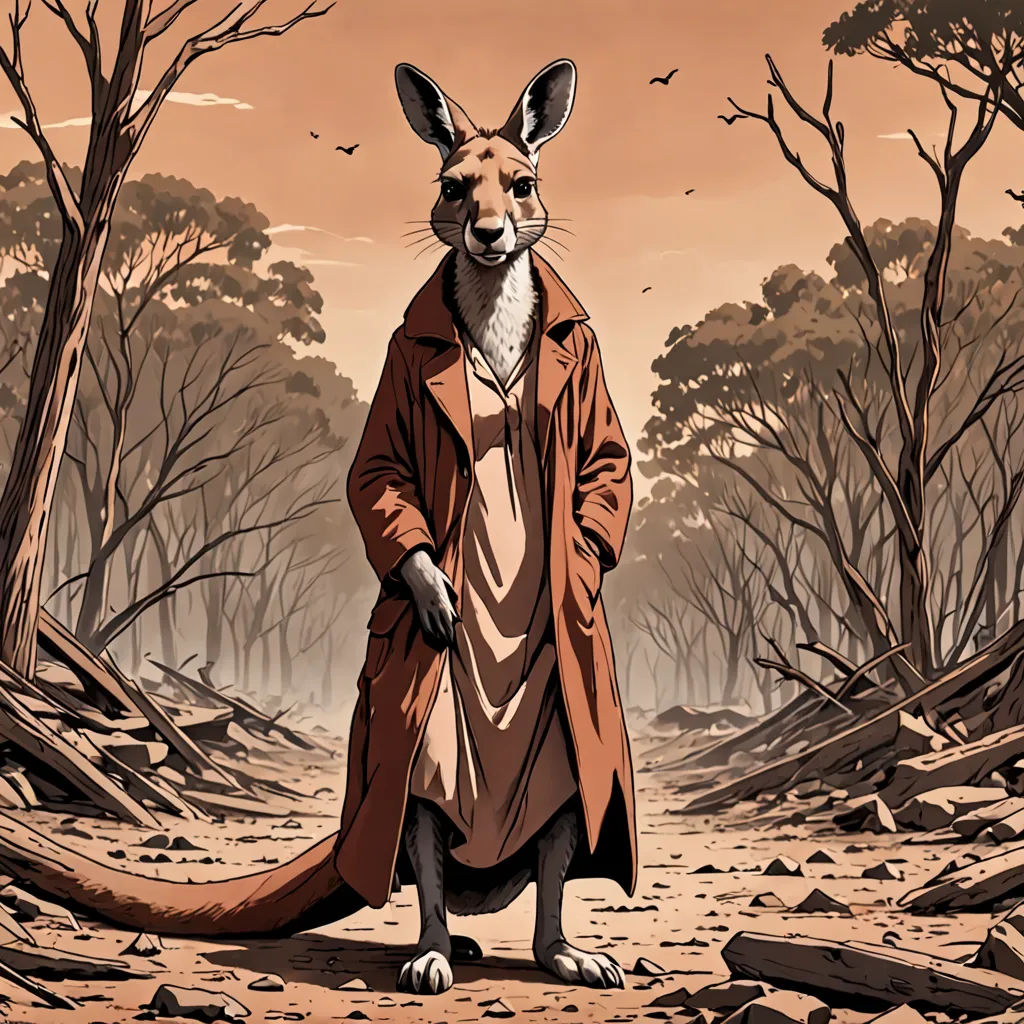 a kangaroo in a trench coat standing in a forest with a bird flying overhead in the background and a bird flying overhead, furry art, a comic book panel, Anson Maddocks, walton ford