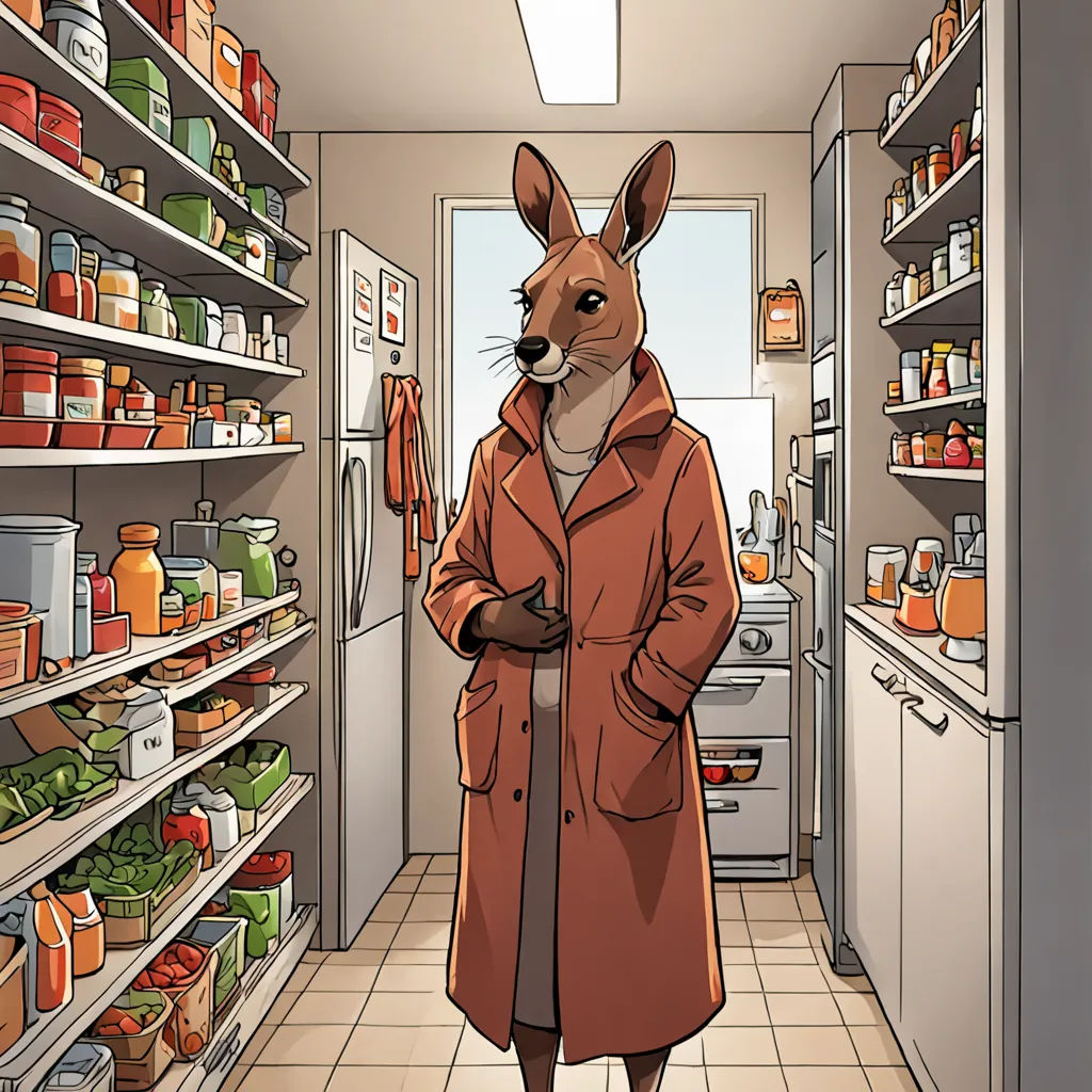 a cartoon of a person in a red coat and a kangaroo in a red coat in a kitchen with shelves of food, furry art, a character portrait, Colin Middleton, furaffinity