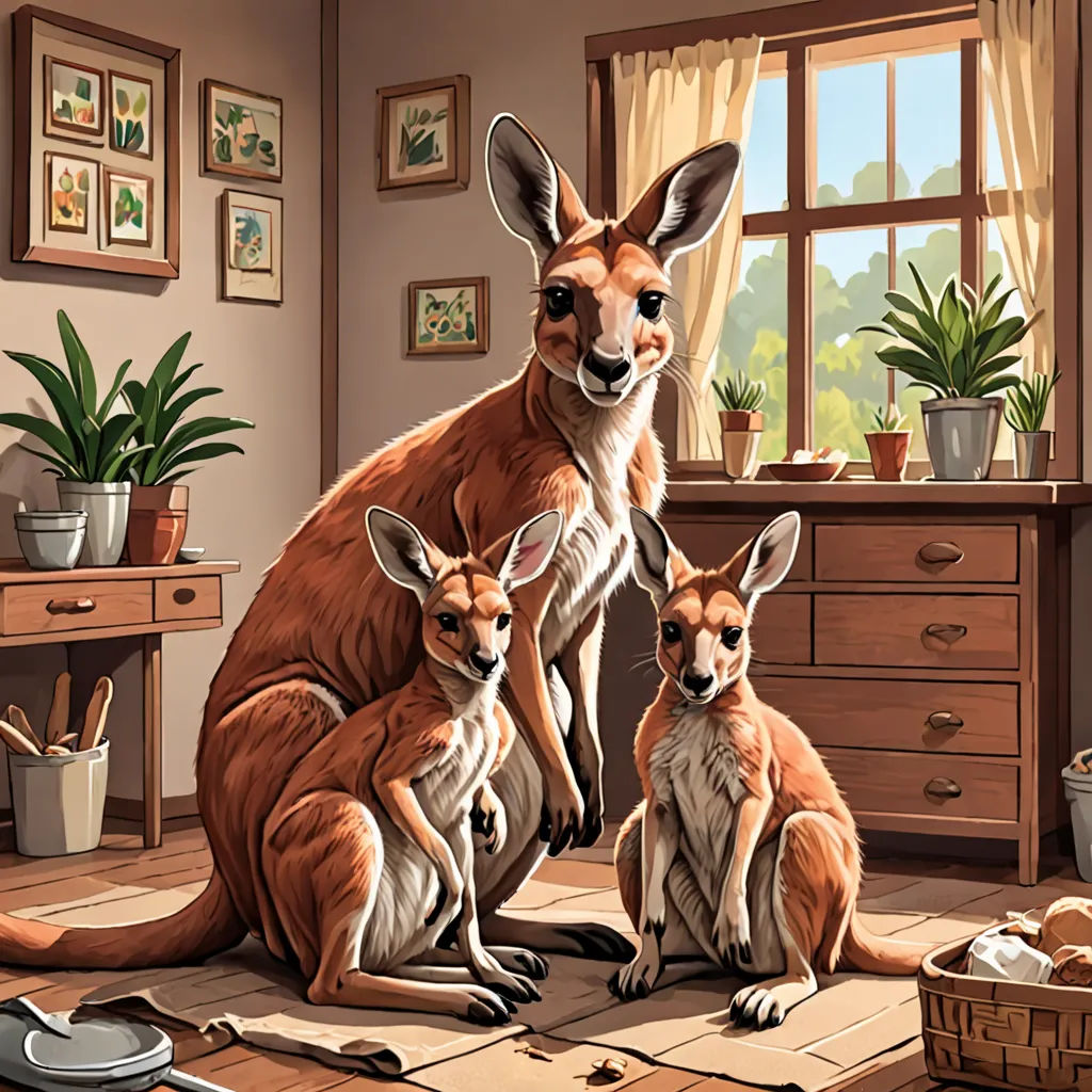 a painting of a kangaroo and her two babies in a room with a window and a dresser with a potted plant, furry art, a storybook illustration, Chris LaBrooy, storybook illustration