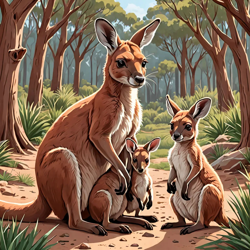 a painting of a kangaroo and her babies in a forest setting with trees and grass in the background and a blue sky, furry art, a storybook illustration, Chris LaBrooy, rossdraws global illumination