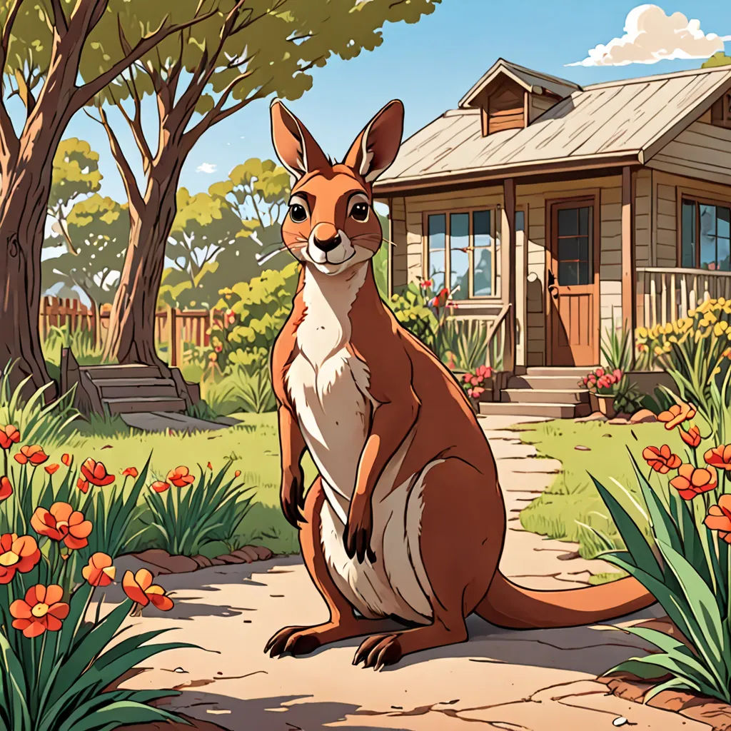 a cartoon kangaroo sitting on a stone path in front of a house with flowers and trees around it and a house in the background, furry art, a storybook illustration, Chris LaBrooy, official art