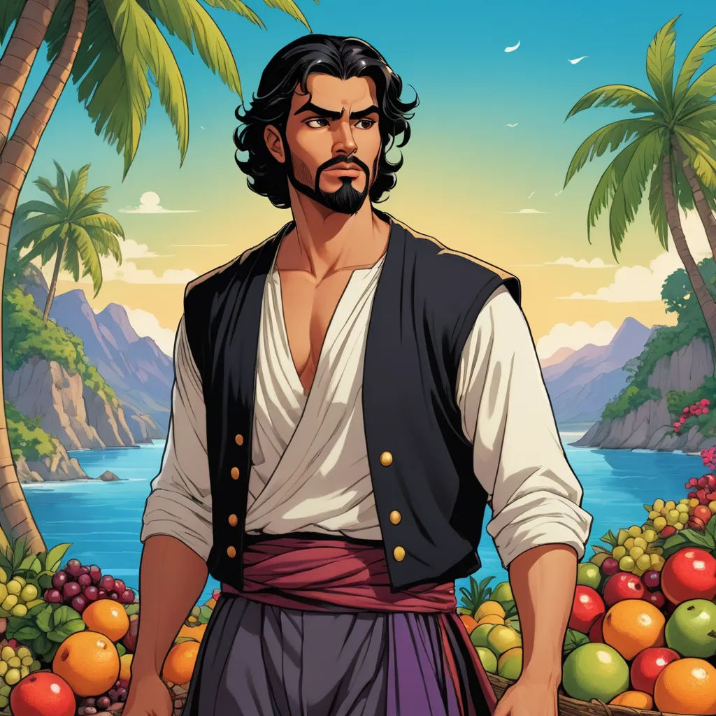 a man in a pirate costume standing in front of a bunch of fruit and trees with a body of water in the background, hurufiyya, a character portrait, Altoon Sultan, official art