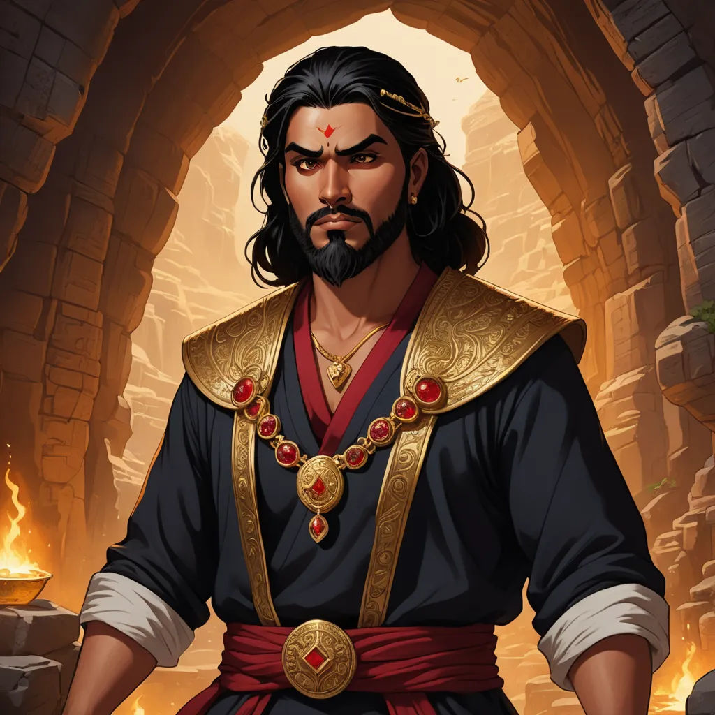 a man in a black and gold outfit standing in a cave with a red and gold necklace on his neck, samikshavad, a character portrait, Altoon Sultan, epic fantasy character art