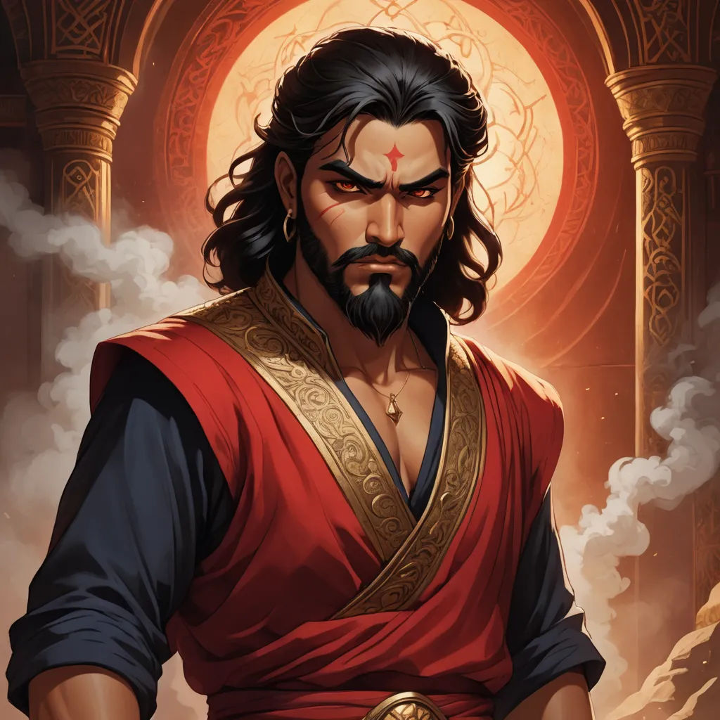 a man with a beard and a red shirt on standing in front of a red and yellow background with a cross, samikshavad, a character portrait, Bholekar Srihari, jayison devadas