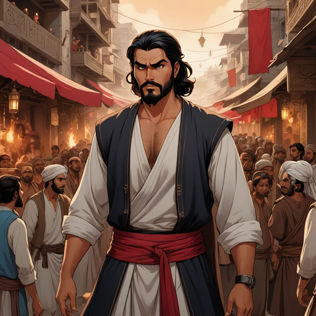 a man in a white robe and a red belt standing in front of a crowd of people in a city, hurufiyya, a comic book panel, Altoon Sultan, official art
