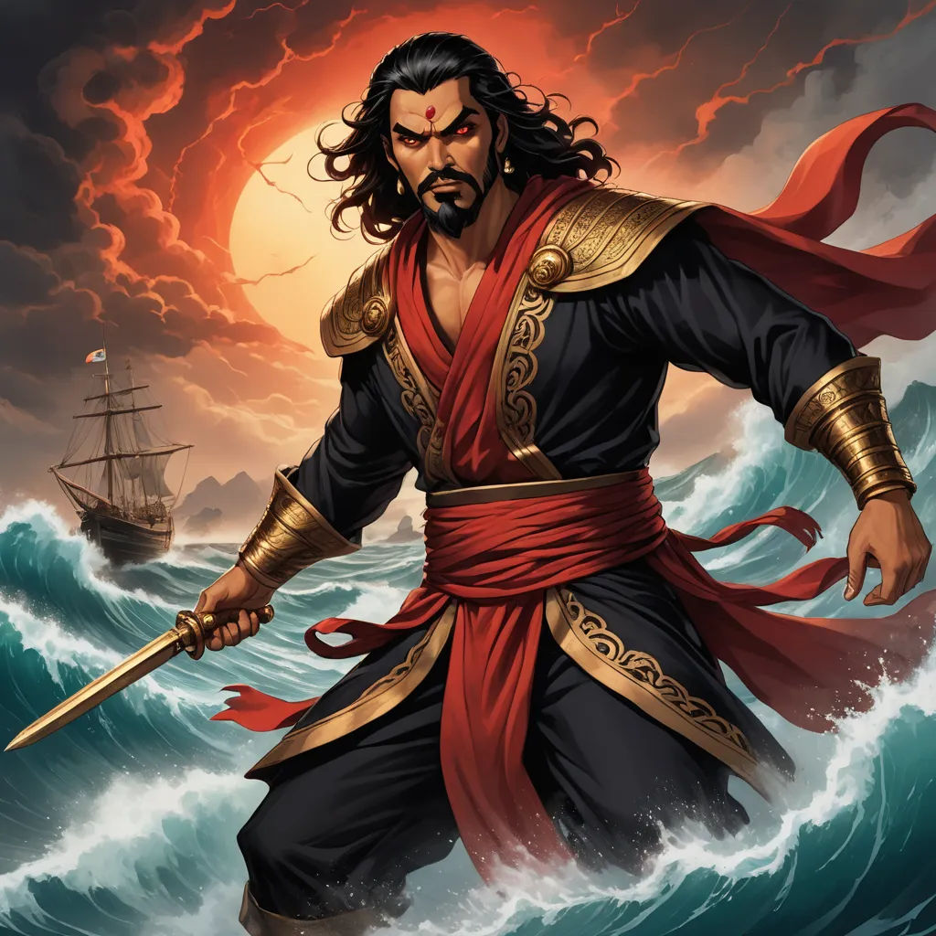 a man in a red cape and black outfit holding a sword in front of a ship in the ocean, samikshavad, a comic book panel, Altoon Sultan, epic fantasy character art