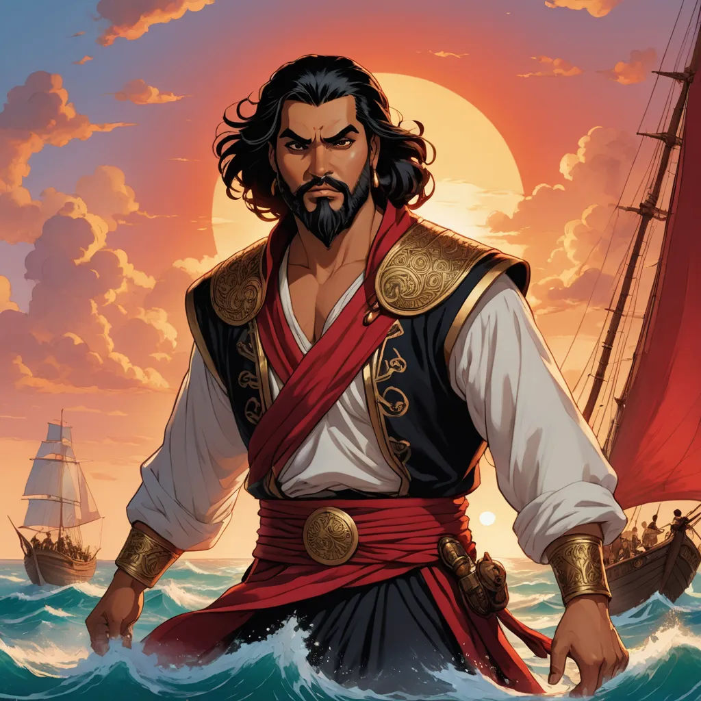 a man in a pirate costume standing in the ocean with a sailboat in the background and a sun setting, hurufiyya, a comic book panel, Altoon Sultan, official art