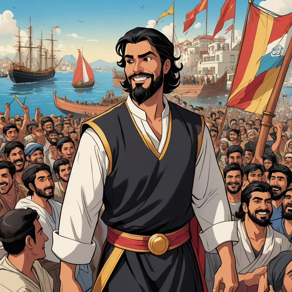 a man in a black and white outfit standing in front of a crowd of people with a flag and a boat in the background, unilalianism, a comic book panel, Altoon Sultan, official art