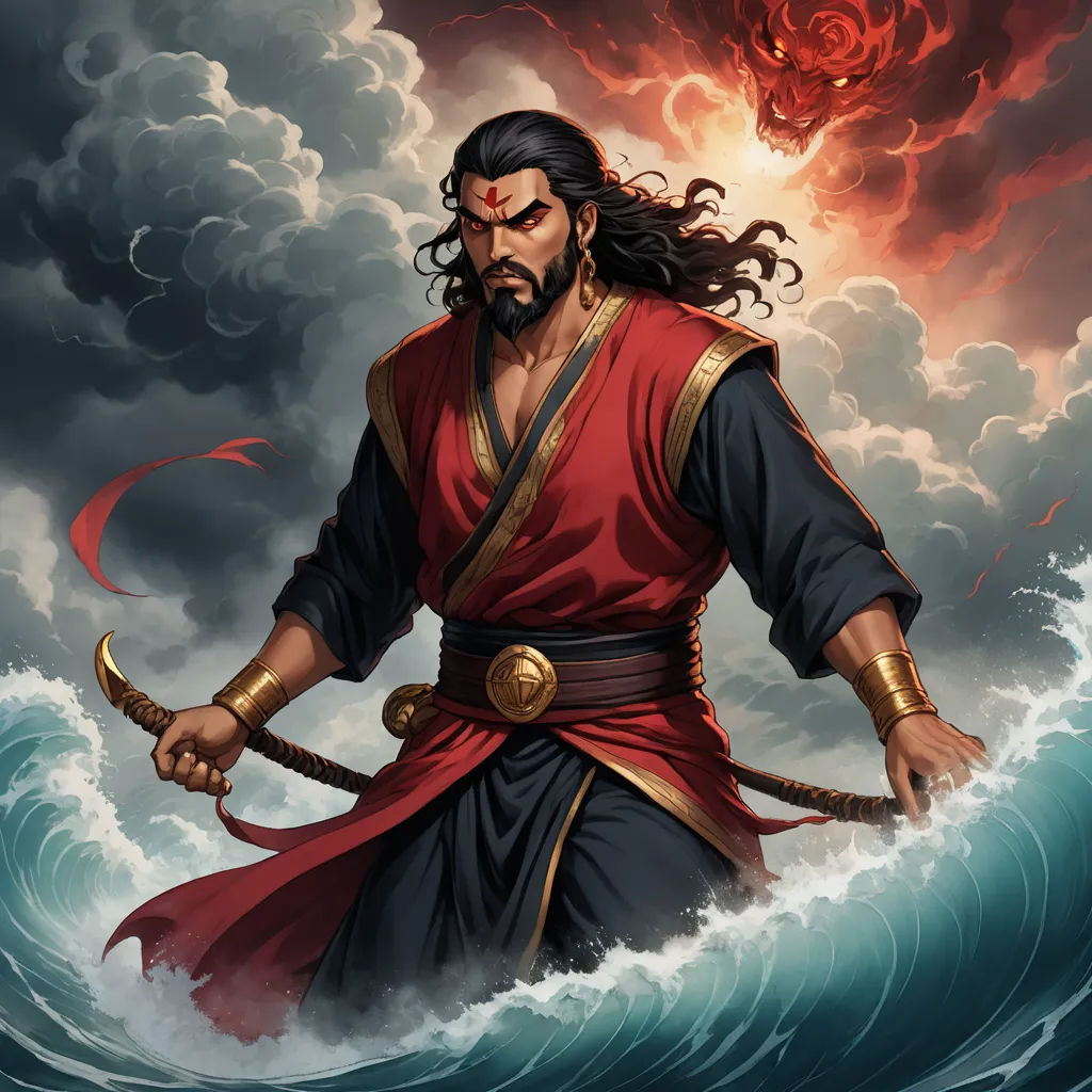 a man in a red and black outfit standing on a wave with a sword in his hand and a red dragon in the background, samikshavad, a detailed painting, Altoon Sultan, epic fantasy character art