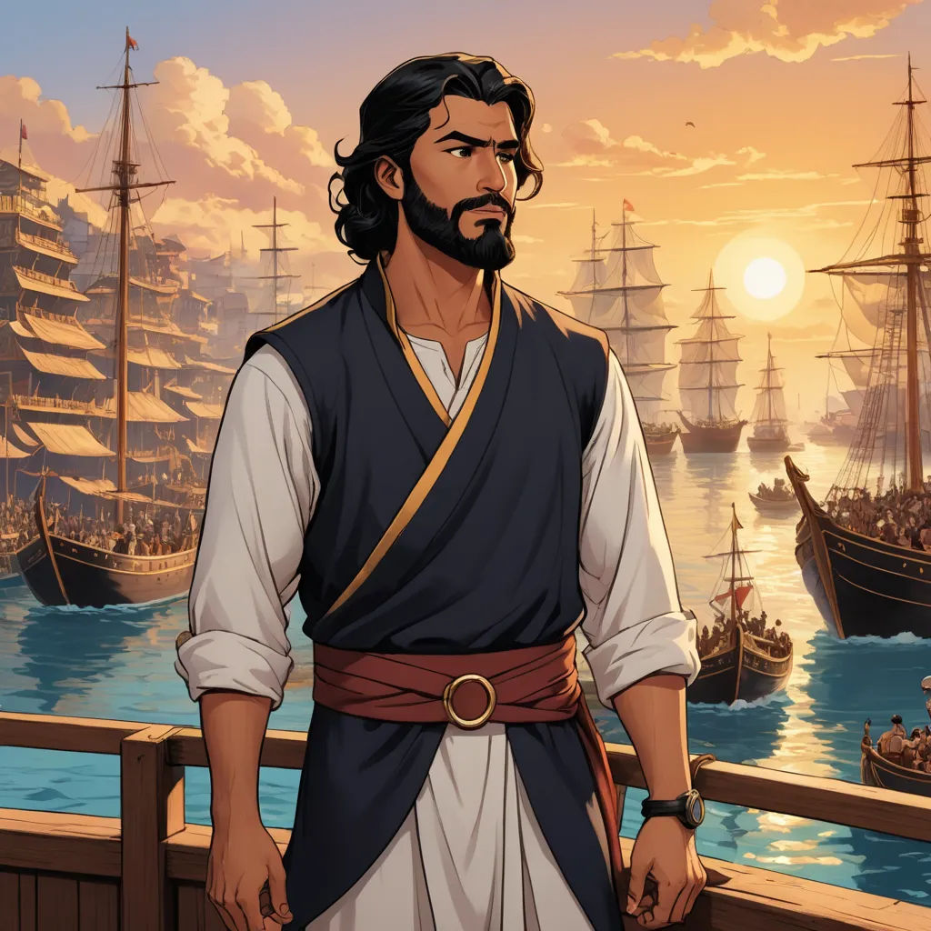 a man in a pirate costume standing on a pier next to a harbor with ships in the background and a sunset, dau-al-set, a comic book panel, Altoon Sultan, official art