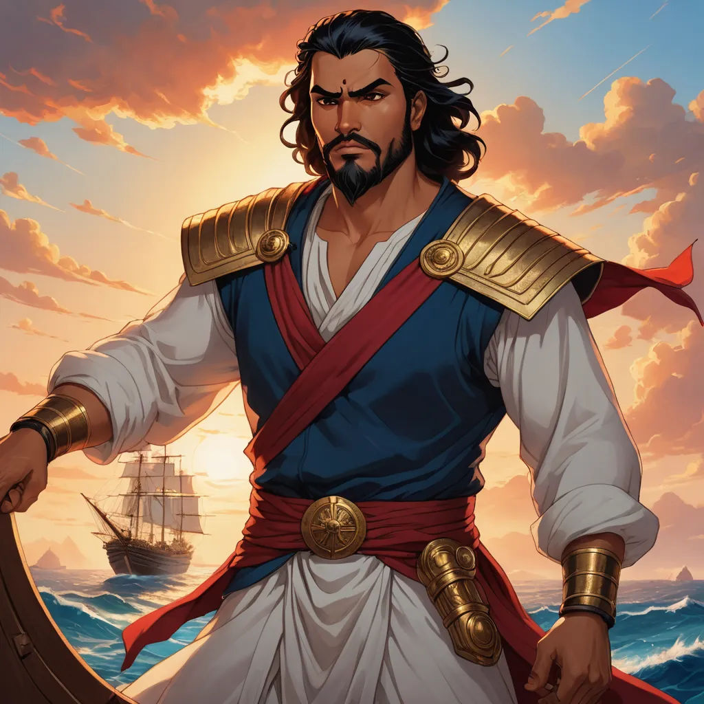 a man in a costume standing in front of a boat in the ocean with a ship in the background, dau-al-set, a comic book panel, Altoon Sultan, official art