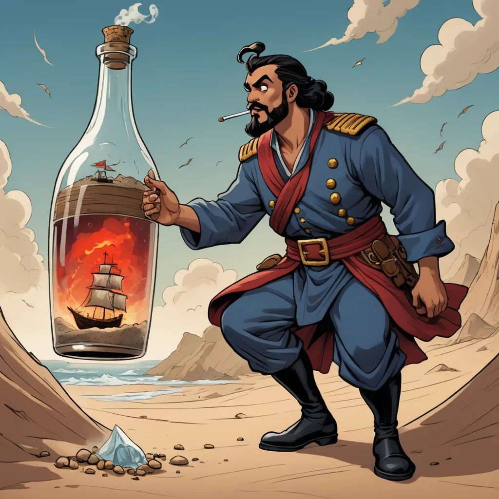 a cartoon of a man holding a bottle of liquor and smoking a cigarette in it while standing in a desert, fantasy art, a character portrait, Diego Gisbert Llorens, fantasy illustration