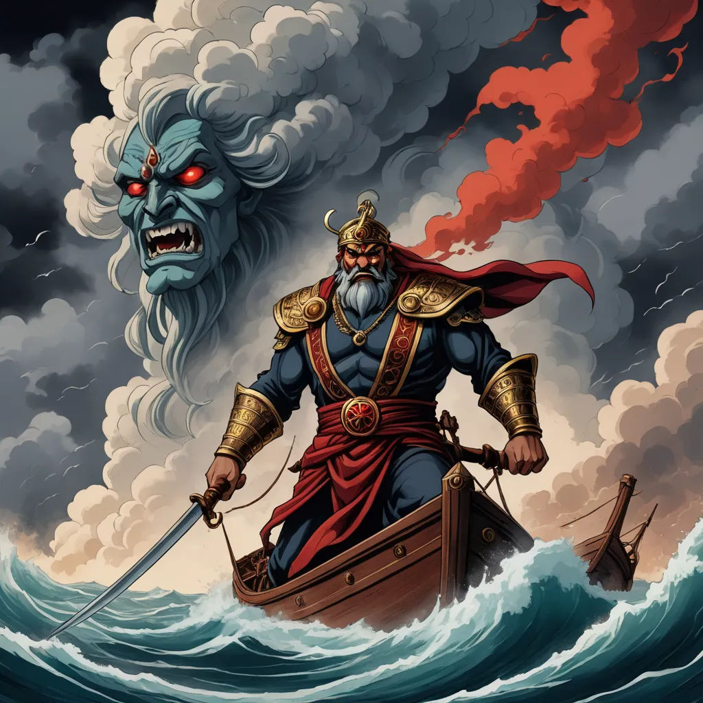a man in a boat with a giant head and a beard on it's head, standing in the water, fantasy art, poster art, Diego Gisbert Llorens, josan gonzales and dan mumford