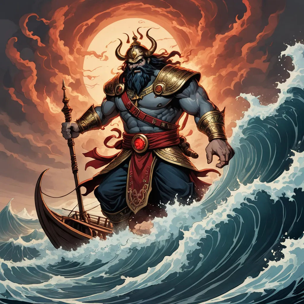 a painting of a god standing on a boat in the ocean with a giant wave behind him and a boat in the water, sumatraism, concept art, Art of Brom, epic fantasy character art