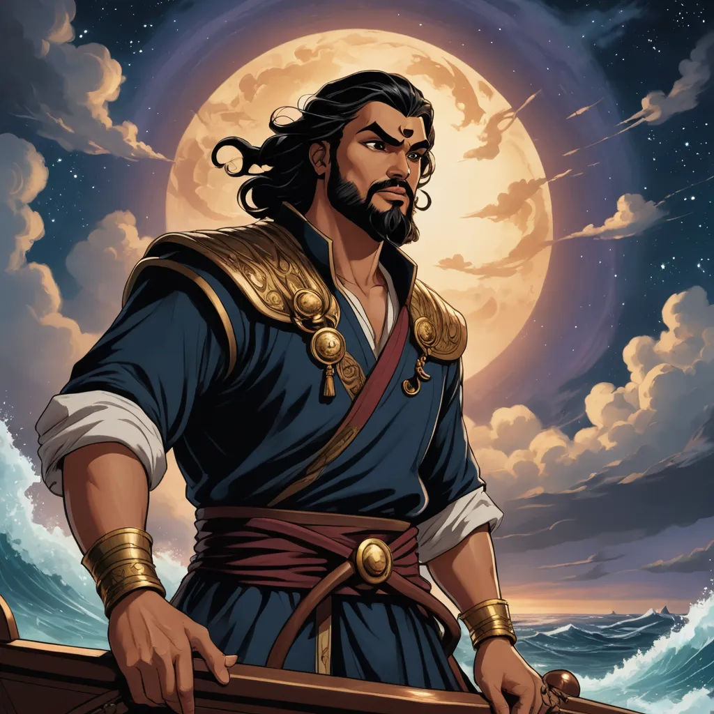 a man in a blue outfit standing in front of a full moon and ocean with a boat in the water, samikshavad, a comic book panel, Altoon Sultan, official art