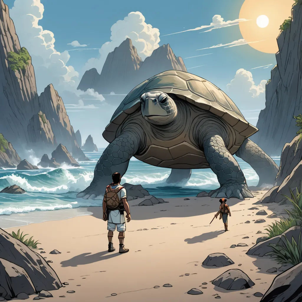 a man and a woman are standing on a beach near a giant turtle that is walking towards the water, fantasy art, a storybook illustration, Chris LaBrooy, rossdraws global illumination