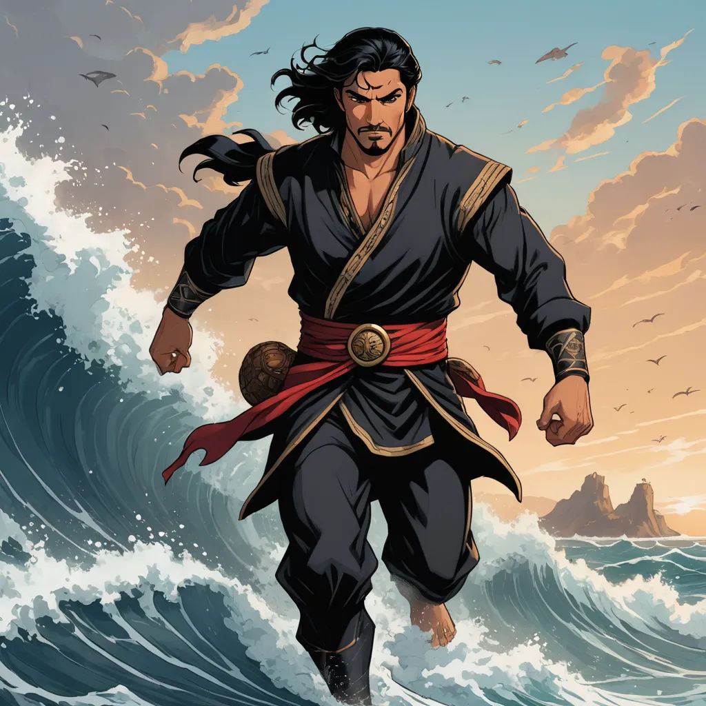 a man in a black outfit is running through the water with a ball in his hand and a red belt around his waist, hurufiyya, a comic book panel, Altoon Sultan, western comic book art
