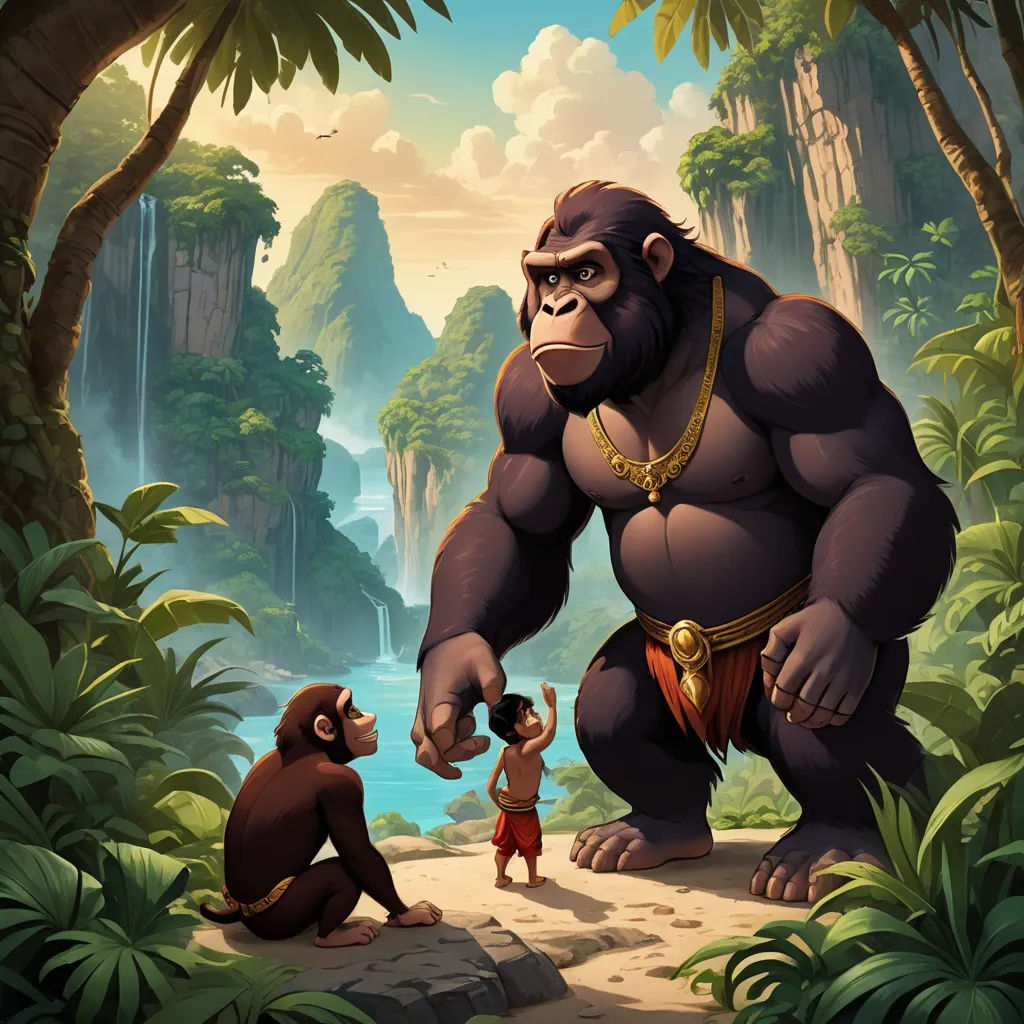 a cartoon gorilla and a monkey in a jungle setting with a man in a red shirt and a woman in a red skirt, primitivism, poster art, Cliff Childs, promotional image