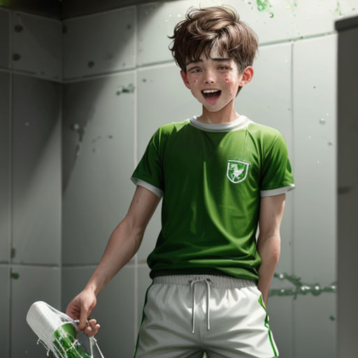 a young boy in a green shirt holding a green bottle and a white and black object in his hand
