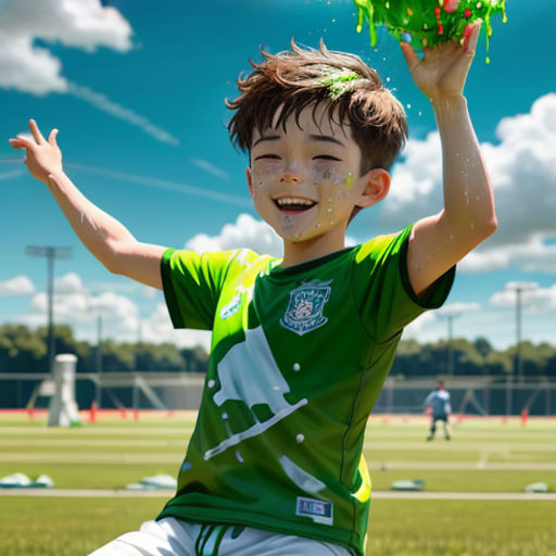 a young boy is throwing a green frisbee in the air on a field of grass and blue sky