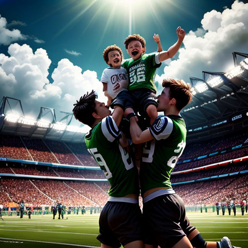 a group of people on a field playing soccer with a sky background and sun shining through the clouds above