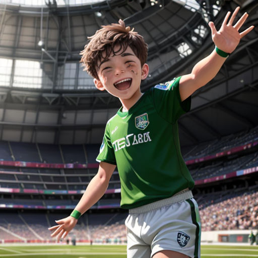 a young boy in a green shirt and white shorts is playing soccer in a stadium with a ball in his hand