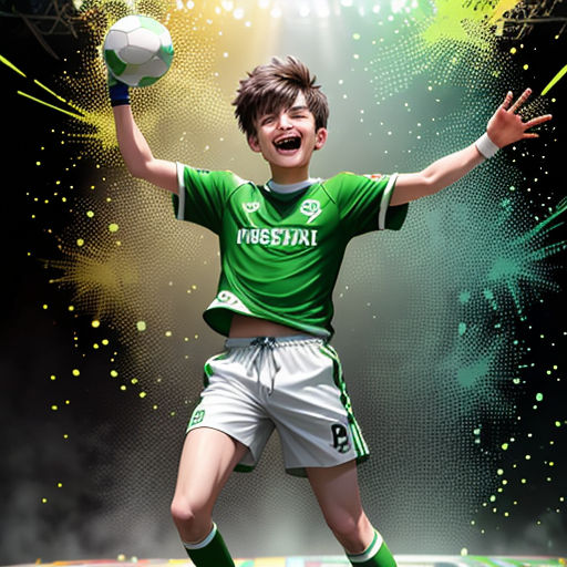 a digital painting of a soccer player with a ball in his hand and a spotlight in the background with a green and white uniform