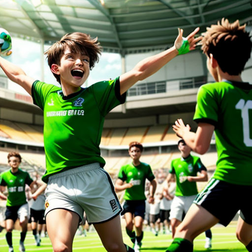 a group of young men playing a game of soccer on a field of a stadium with people watching from the stands