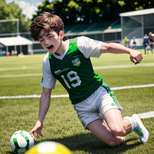 a young boy is playing soccer on a field with a ball in his hand and his mouth open,