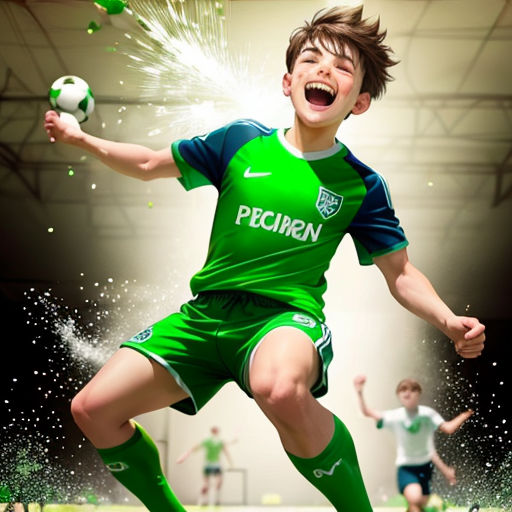 a young boy is kicking a soccer ball in a green uniform and a green shirt is on the field