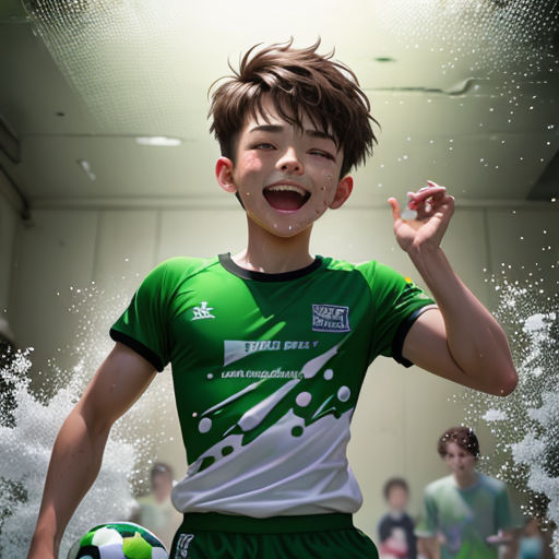 a young boy is playing with a soccer ball in a room full of people and water spraying around him