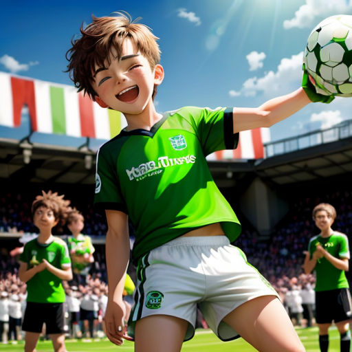 a boy in a green shirt holding a soccer ball in front of a crowd of people in a stadium