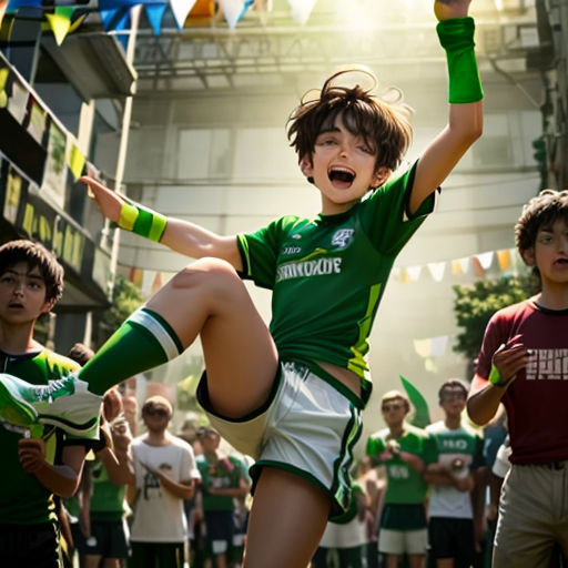 a young boy is kicking a soccer ball in the air while others watch from the sidelines of a stadium