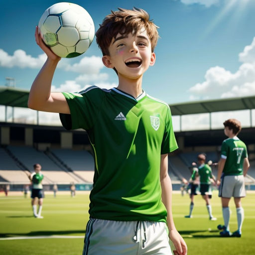 a young boy holding a soccer ball in his hand on a soccer field with other young men in the background
