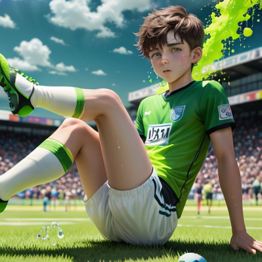 a young boy sitting on the ground with a soccer ball in his hand and a green and white uniform