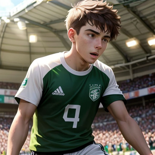 a young man in a green and white uniform playing soccer in a stadium with a crowd of people watching