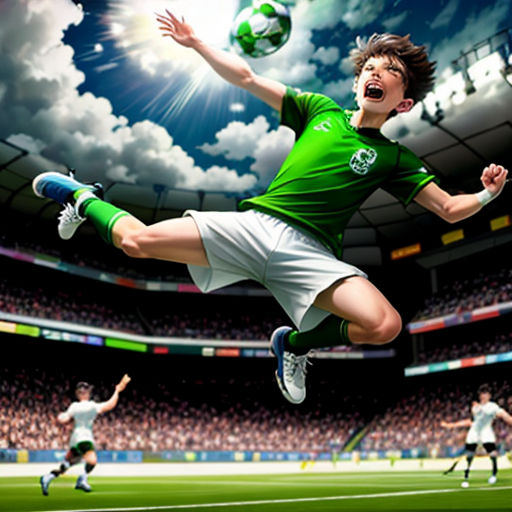 a man in a green shirt is kicking a soccer ball in a stadium with a sky background and a soccer ball in the air