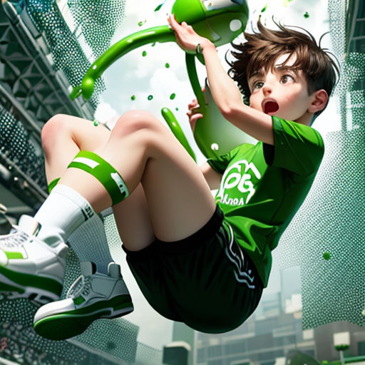 a young boy is flying through the air with a green object in his hand and a green hat on his head