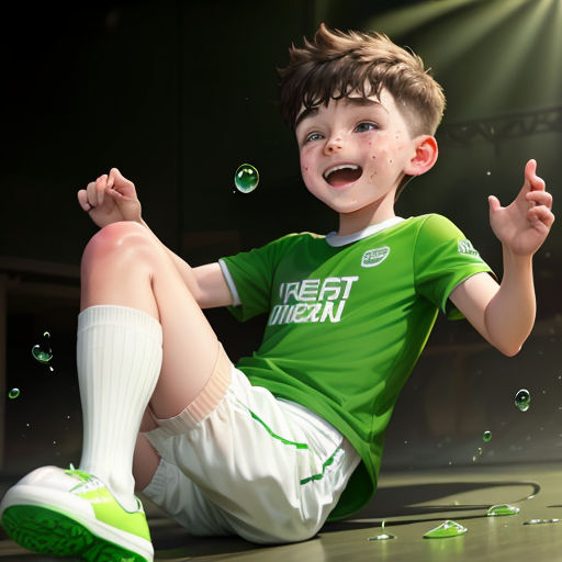 a young boy sitting on the ground with bubbles in his mouth and a green shirt on his shirt and white shorts