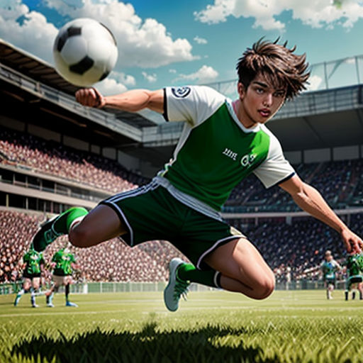 a man is kicking a soccer ball in a stadium with a sky background and a stadium full of people