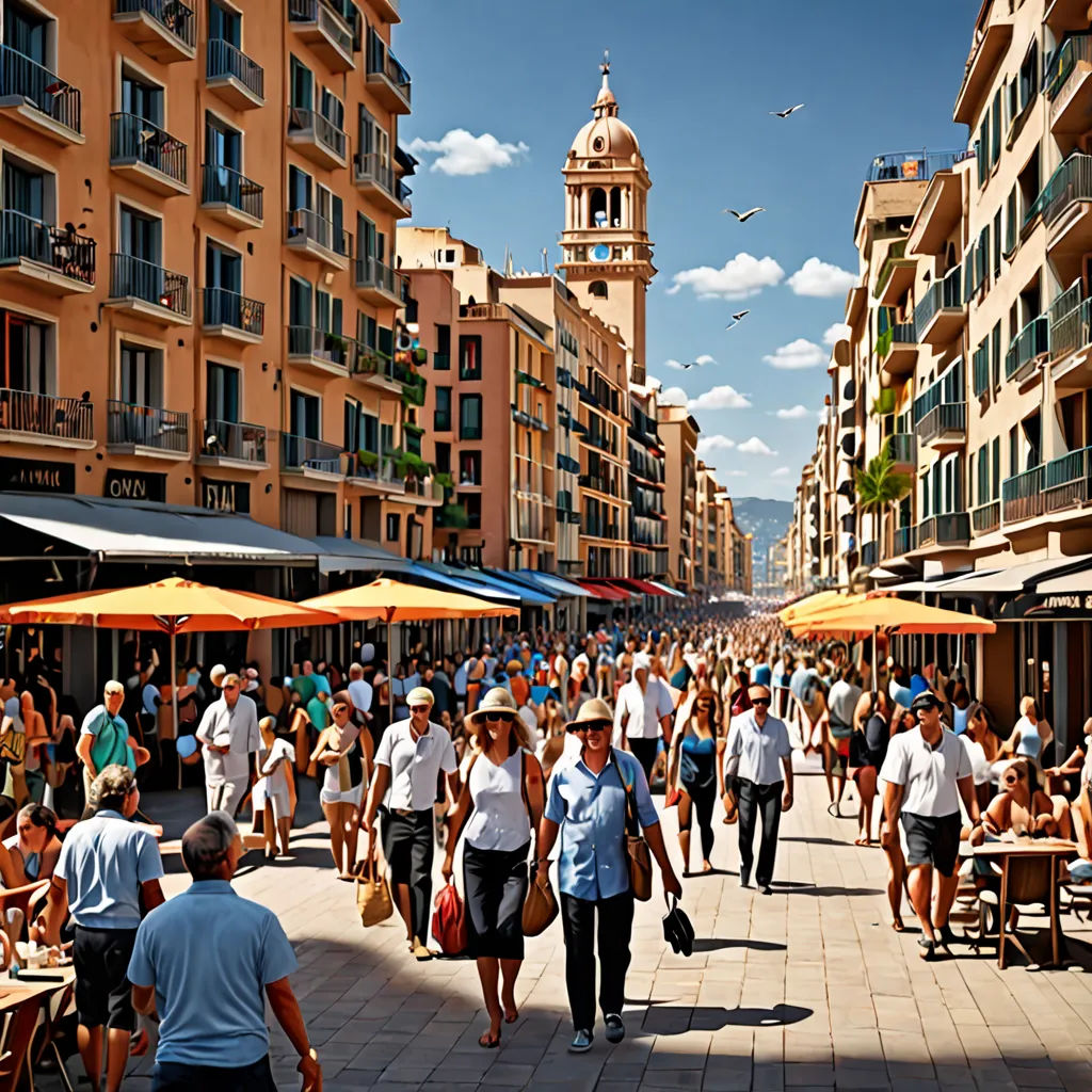 a crowd of people walking down a street next to tall buildings and tables with umbrellas on them and a clock tower in the background, Evgeny Lushpin, regionalism, a tilt shift photo, cinematic photography