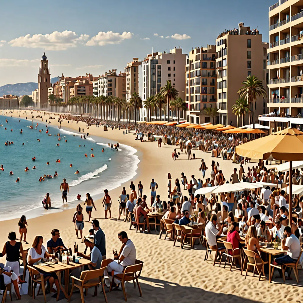 a crowded beach with people sitting at tables and umbrellas on the sand and buildings in the background and a blue sky, Andreas Gursky, regionalism, a tilt shift photo, promotional image