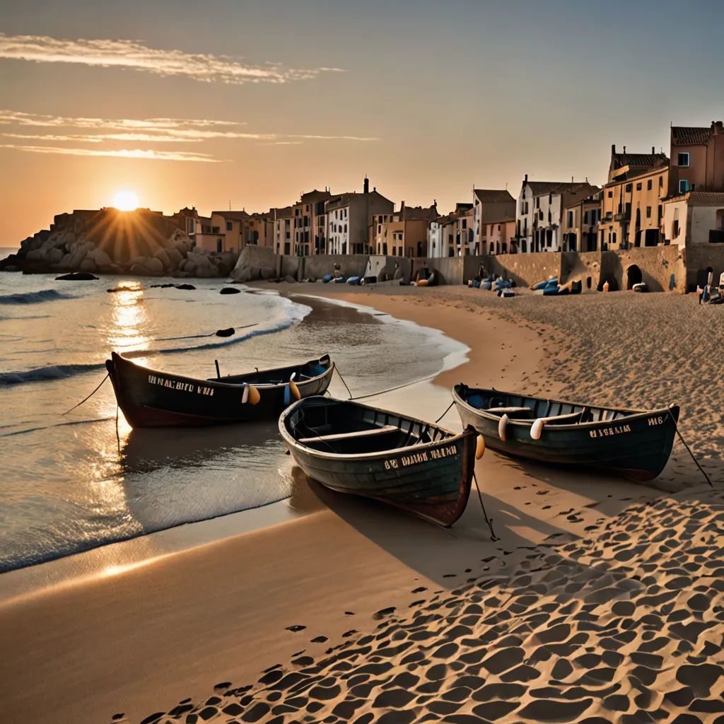 two boats are sitting on the beach at sunset time, with a city in the background and a few people walking on the beach, Arthur B. Carles, magic realism, a matte painting, very beautiful scenery