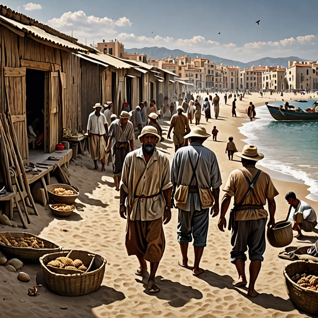 a painting of a group of people walking on a beach near a shack and a boat in the water, David Ligare, photorealism, a detailed matte painting, highly detailed digital painting