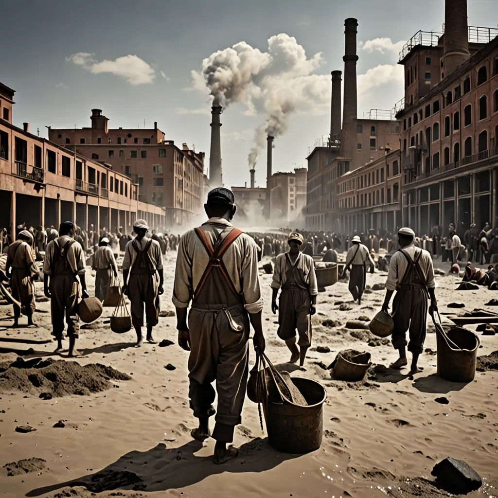 a group of men walking down a street next to tall buildings and factories in the distance with smoke coming out of stacks, Derold Page, figuration libre, a detailed matte painting, cinematic photography